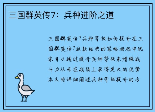 三国群英传7：兵种进阶之道