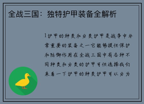 全战三国：独特护甲装备全解析